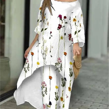 Women's Fashion Spring/Summer Casual Loose Irregular Printed Nine Sleeve Round Neck Shirt High Waist Wide Leg Pants 2-piece Set