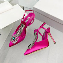 Ladies Wedding Shoes Rhinestone Pointed Toe High Heels Satin Gemstone Stiletto Sandals 2022 New Baotou Fairy Pump Wedding Shoes