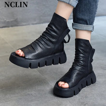 2024 New Summer Women Sandals Round Toe Chunky Heel Platform Shoes Genunine Leather Cover Heel GLADIATOR Sandals Women Handmade