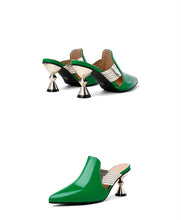 High Heel Slippers Pointed Toe Shoes Woman Elegant Mules Shoes Women Black Green Metal Heel Outdoors Womens Slippers Big Size