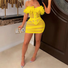 BKLD Co-ord Set Women Fashion Feathers Stitching Mesh Sheer Sexy Summer Two Piece Zip Up Corset Top And Bodycon Short Skirt Sets