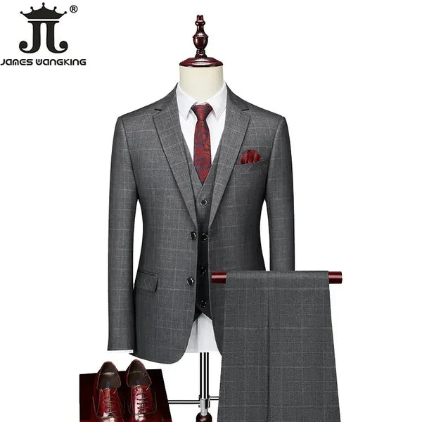 High-end Brand Classic Blue or Gray Plaid Men's Casual Business Suit Retro Official Suit Groom Wedding Dress Jacket Vest Pants