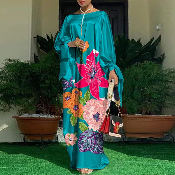 Plus Size Dress 2024 Bohemian Women Long Sleeve Satin Party Dress Autumn Vintage Casual Floral Printed Maxi Long Sundress