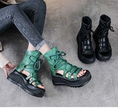 Koznoy 8cm Ethnic Cow Genuine Leather Ankle Booties Women Hollow Peep Toe Platform Wedge Breathable Zip Summer Fashion Shoes