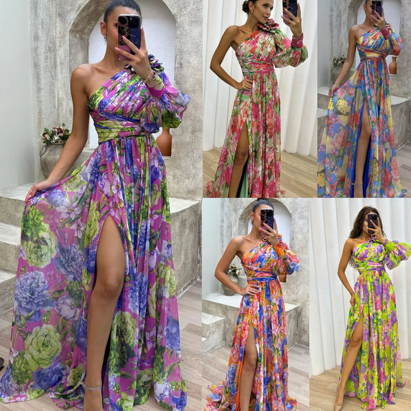 Women's S-XL Size Autumn and Winter Gathering New Casual Split Dress INS Loose Multi Color Slanted Shoulder Fashion Slimming