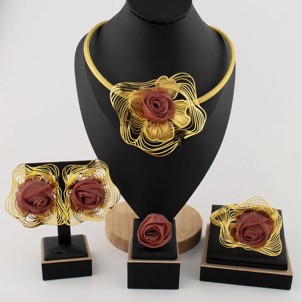 Women Gold Color Jewelry Set Braided Red Rose Design Large Pendant Unique Earrings Dubai Arab Fashion Ring Bracelet Party Gift