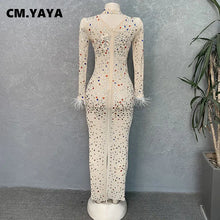 CM.YAYA Vintage Women Mesh See Though Crystal Feather Hem Long Sleeve Bodycon Midi Maxi Long Dress Sexy Party Club Dresses