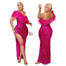 One Shoulder Feather Sequin Prom Long Slit Dress Party Evening Gowns Elegant Luxury Celebrity Night Club Sexy Bodycon Dresses