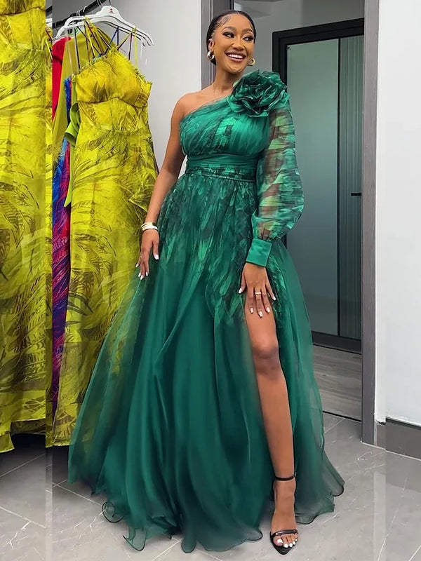 Women One Shoulder Sleeve Pleats Bridesmaid Dress Mesh Floral High Waist Dress Fashion Elegant Part Club Sexy Evening Long Dress