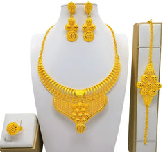 Fashion Dubai Flower Design Luxury 24k Gold Color Women's Jewelry Set African Fashion Bracelet Earrings Necklace Ring Four Piece