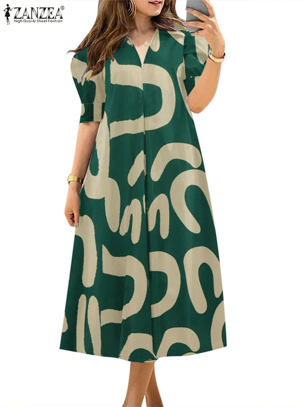 ZANZEA Women's A-line Midi Dresses Street Fashion All-Over Print Short Puff Sleeve V-Neck Robes Femme 2025 Summer Loose Vestidos
