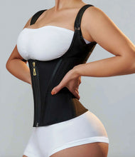 Latex waist cincher corset-style tummy control belt with zipper and button closure, retro shaping top.
