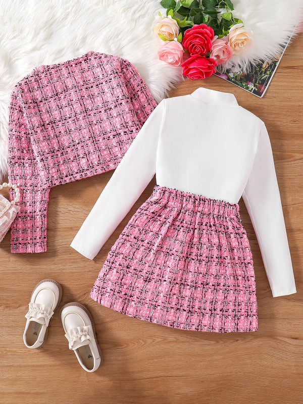 Children's Clothing Girls' Fashion Fragrance Set -3-Piece Set of Pink Checkered Coat, Pink Checkered Skirt, and Solid Color Shir