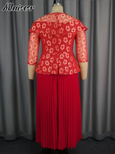 Mlaiscsr New Red Printed Lace Patchwork Pleated A-line Mid Dress 3/4 Sleeve Elegant Birthday Wedding Guest Prom African Vestidos