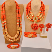 Natural coral beads orange necklace set for stylish Nigerian wedding couple African jewelry