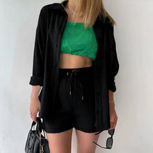 Women's Short Sets 2 Pcs Sale Grass Green Loose Button Cardigan Blouse Coats & Drawstring Wide Leg Loose Short Pant Suits
