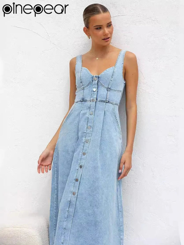 PinePear Sleeveless Strap Dress Women 2025 Summer Single-Breasted Pockets Denim Dresses Woman Light Blue A Line Long Dress