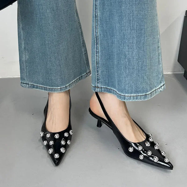 Summer 2025 Fashion Rivet Design High Heeled Sandals Women Sexy Pointed Toe Back Strap Dress Shoes Stripper Pumps Zapatos Mujer