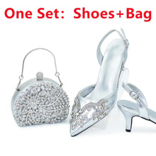 2025 New Designer Specials Italian Women Heels Shoes and Bag Set Coffee Colour Comfortable Women Pumps with Rhinestone for Party