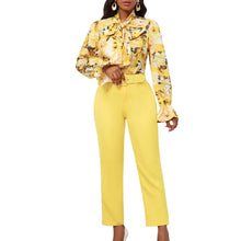 Fashion Print Two Piece Set Women Office Suits Tie Bow Neck Button Shirt + Belt Pencil Pants Elegant Slim Lady Sets Casual shirt