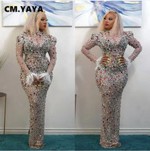 CM.YAYA Vintage Women Mesh See Though Crystal Feather Hem Long Sleeve Bodycon Midi Maxi Long Dress Sexy Party Club Dresses