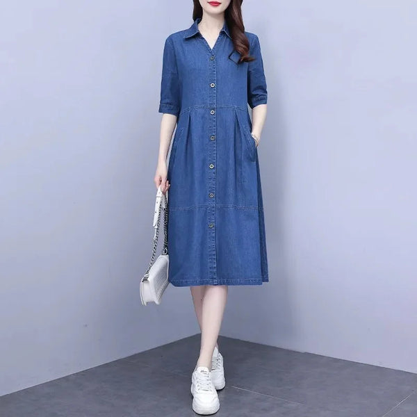 Oversized 5XL Single Breasted Denim Dress For women 2024 Summer New Short sleeved Shirt Denim Dresses Female Casual Clothes