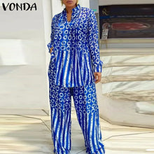 Plus Size 5XL VONDA Women Matching Sets 2024 Fashion Long Sleeve Suits Polka Dot Striped Shirts And Elastic Waist Pant Sets