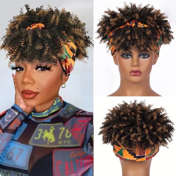 Short Kinky Curly Headband Wig Afro Puff Curly Headband Wig with Bangs for Women Natural Ombre Blonde Synthetic Turban Wrap Wig