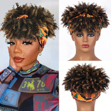 Short Kinky Curly Headband Wig Afro Puff Curly Headband Wig with Bangs for Women Natural Ombre Blonde Synthetic Turban Wrap Wig