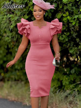 Mlaiscsr Women Square Neck Ruffled Short Sleeve Beading Bag Buttocks Mid Dress Elegant African Birthday Evening Office Lady Robe