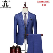 High-end Brand Classic Blue or Gray Plaid Men's Casual Business Suit Retro Official Suit Groom Wedding Dress Jacket Vest Pants
