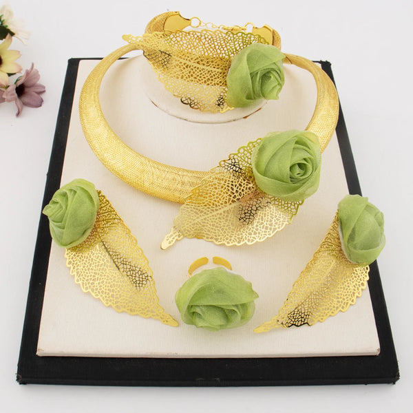 2025 Elegant Gold Plated Green Flower Shape Necklace Earrings Ring Bangle for Woman Fashion Women Jewelry Set Gift for Party