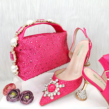 JMF New arrive Italian Design Blue Women's Fashion Rhinestone Pearl Point Toe Stiletto Heels Sandals Women's Shoes & Bag Set