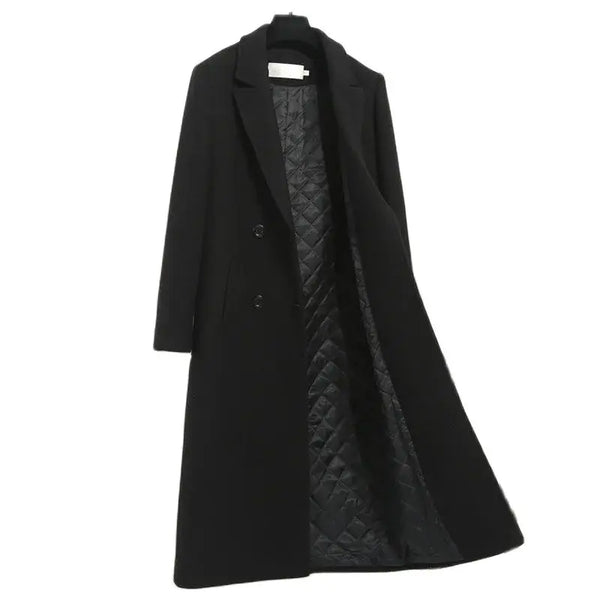 Women's Winter Classic Black Woolen Mid-Length Woolen Blend Overcoat