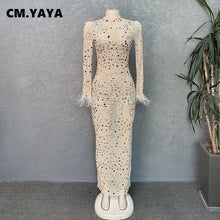 CM.YAYA Vintage Women Mesh See Though Crystal Feather Hem Long Sleeve Bodycon Midi Maxi Long Dress Sexy Party Club Dresses