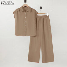 ZANZEA 2025 Summer Wide Leg Pants 2-Pieces Suits Elegant Commute Solid Causal Pant Sets Short Sleeve Shirt Women Trouser Outfits