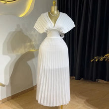 CM.YAYA Women Short Sleeve V-neck Elegant Long Pleated Dress 2025 Sweet Holiday Beach Evening Sexy Girl Party Dresses Vestidos