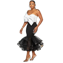 K2825 Sexy Slimming European Style Color Blocking Strapless Bow Mesh Bodycon Skirt Suit Smooths Your Silhouette