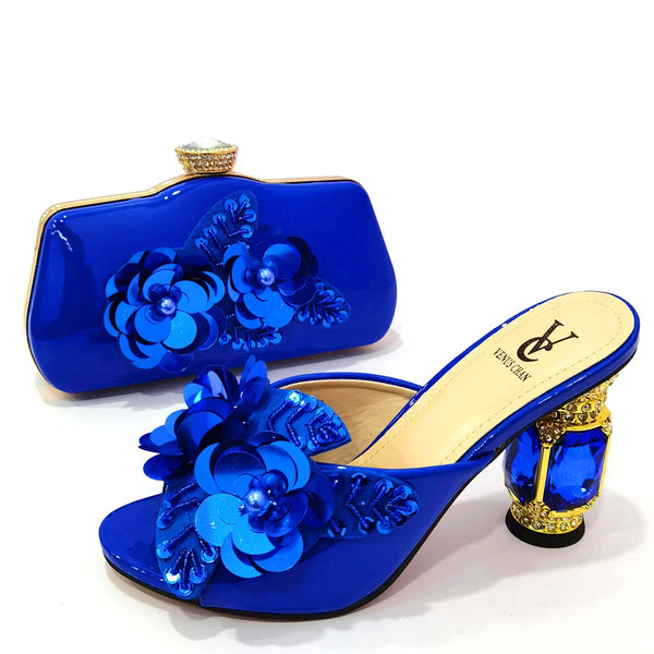 Royal Blue Color Matching Women Shoe and Bag Decorated with Rhinestone African Shoe and Bag Set for Party In Women Italy Shoes