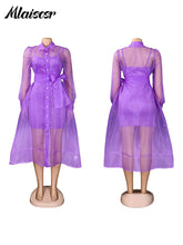 Mlaiscsr African Party Women Elegant Strap Mini Dress and Single Breasted Mesh Shirts Dress 2 Pieces Sets Beach Summer Vestidos