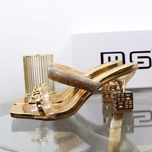 Womens Slippers with Middle Heel Open Toes Anti Slip Rhinestones Chain Buckle 2025 New Summer Outdoor PU Fashion Slippers