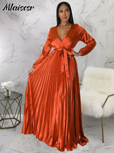 Mlaiscsr Elegant Wedding Guest Pleated Long Dress Women V Neck Lantern Sleeves Sashes Big Swing Sexy Birthday Party Evening Robe