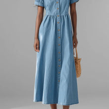 2024 autumn fashion women's blue denim short sleeves dress trendy v-neck single breasted dresses female