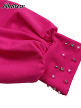 Mlaiscsr Elegant Evening Party Jumpsuit Long Sleeved Waist Pearl Bead Mesh Loose Wide Leg Pleated Long Dinner One Pieces Rompers