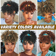 Short Kinky Curly Headband Wig Afro Puff Curly Headband Wig with Bangs for Women Natural Ombre Blonde Synthetic Turban Wrap Wig
