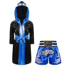 Kids Boys Boxing Sets Sports Outfits Halloween Cosplay Costume Long Sleeve Open Front Robe Satin Hooded Cloak with Belt Shorts