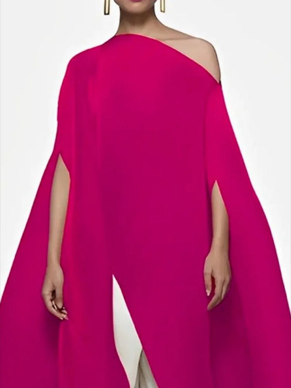 Diagonal Collar One-shoulder X-long T-shirt for Women Solid Color Short Sleeve Splited Loose Shirt Top Elegant Blouse