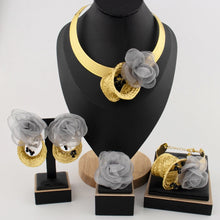 Fashion Gold Plated Grey Flower Shape Necklace Earrings Bracelet Ring for Women Sepical Design Jewelry Set for  Party Wedding