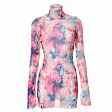 Top Selling Mesh Printed Round Neck Womens Dresses For Teens Plus Size Bell Sleeve Side Open Hip Dress Vestidos Para Mujer