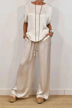 Casual Loose Satin T Shirt Pants Two Piece Sets Women Fashion O-neck Short Sleeve T Shirts Suit Spring Summer Wide Leg Pant Sets